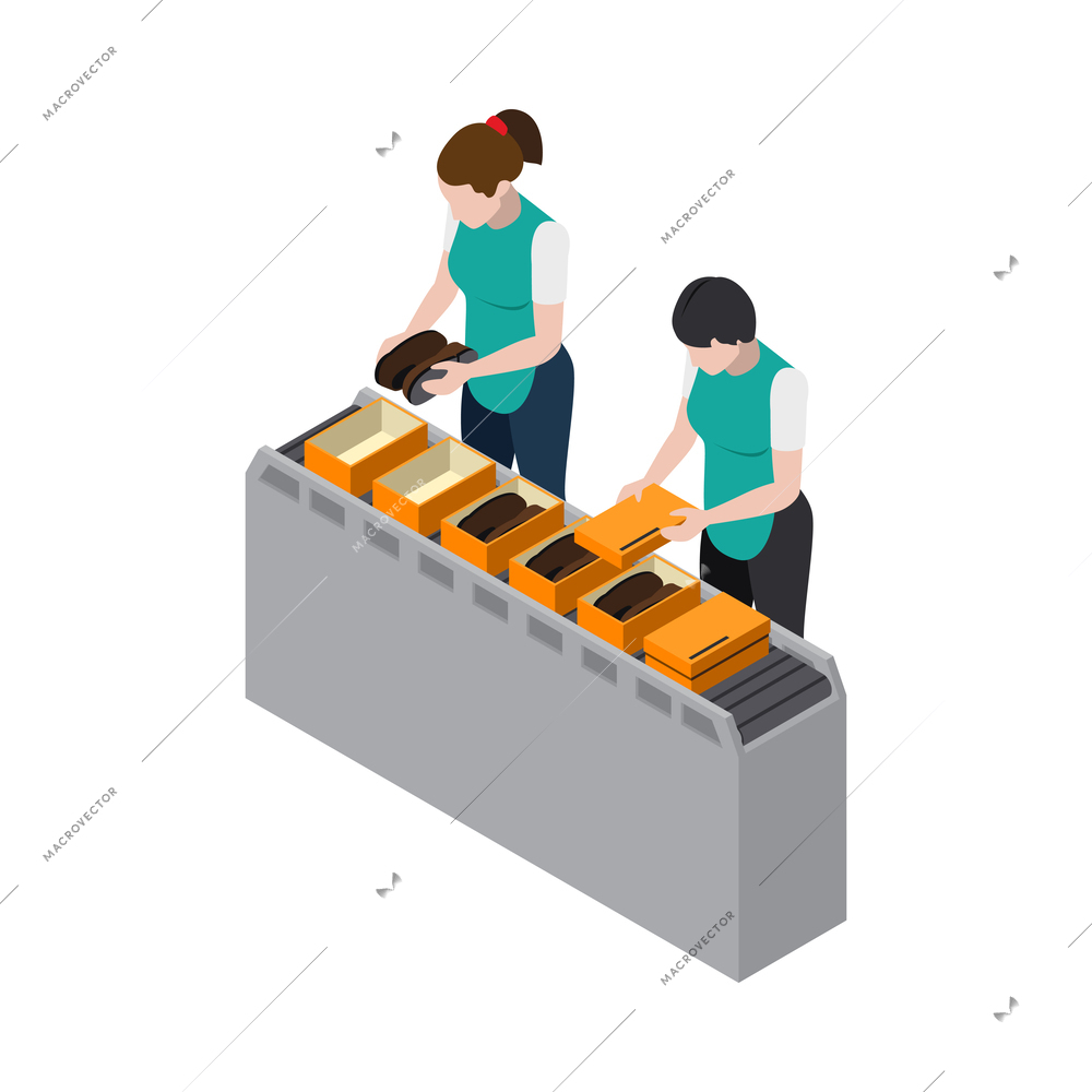 Footwear factory shoes production isometric composition with isolated bootmaking image on blank background vector illustration