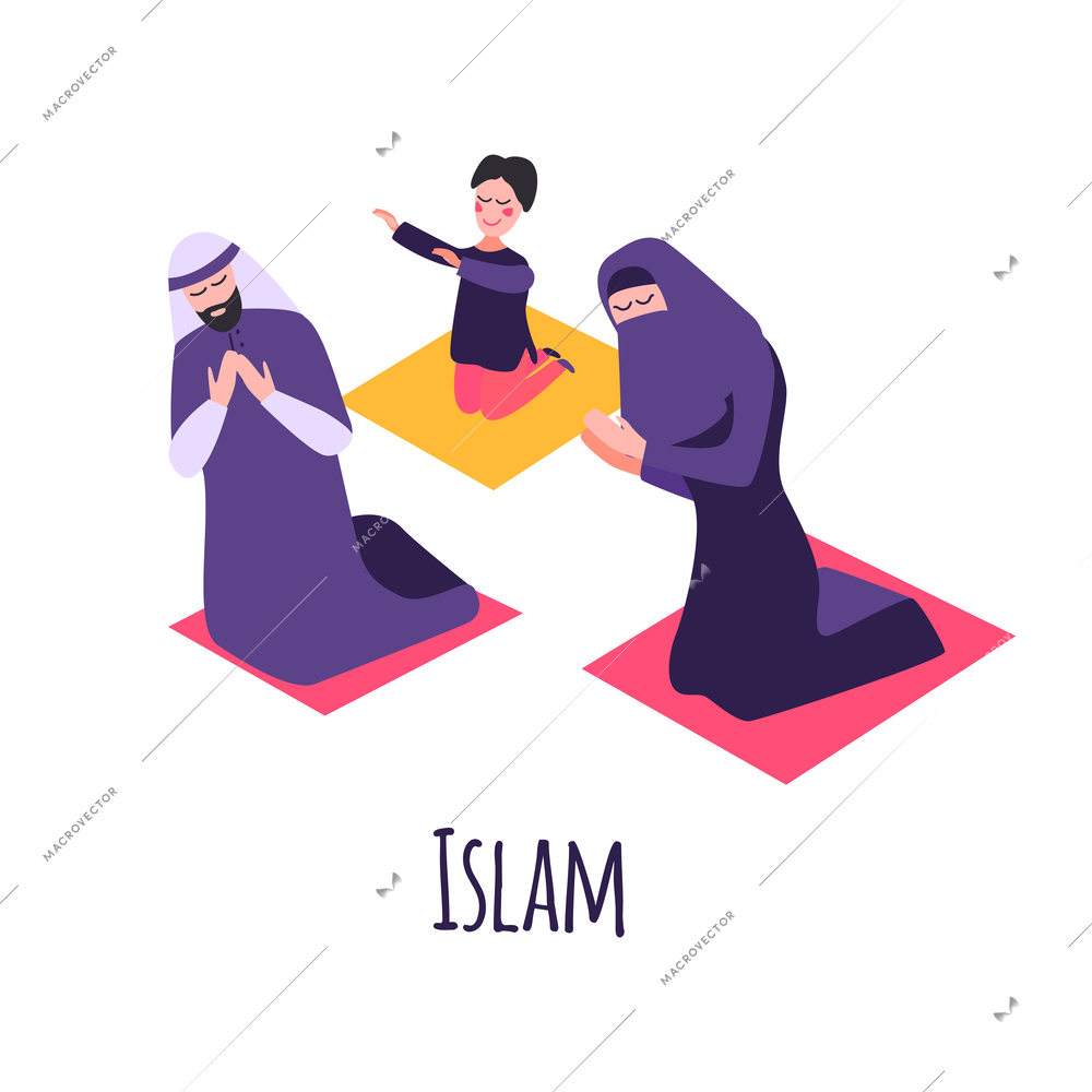 Different religious people family composition with flat doodle style characters of parents and children vector illustration