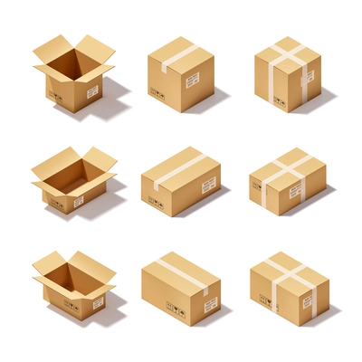 Open and closed delivery cardboard 3d realistic decorative icons set isolated vector illustration