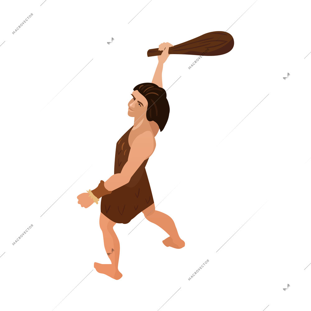 Isometric primitive people composition with isolated prehistoric ancient icon on blank background vector illustration