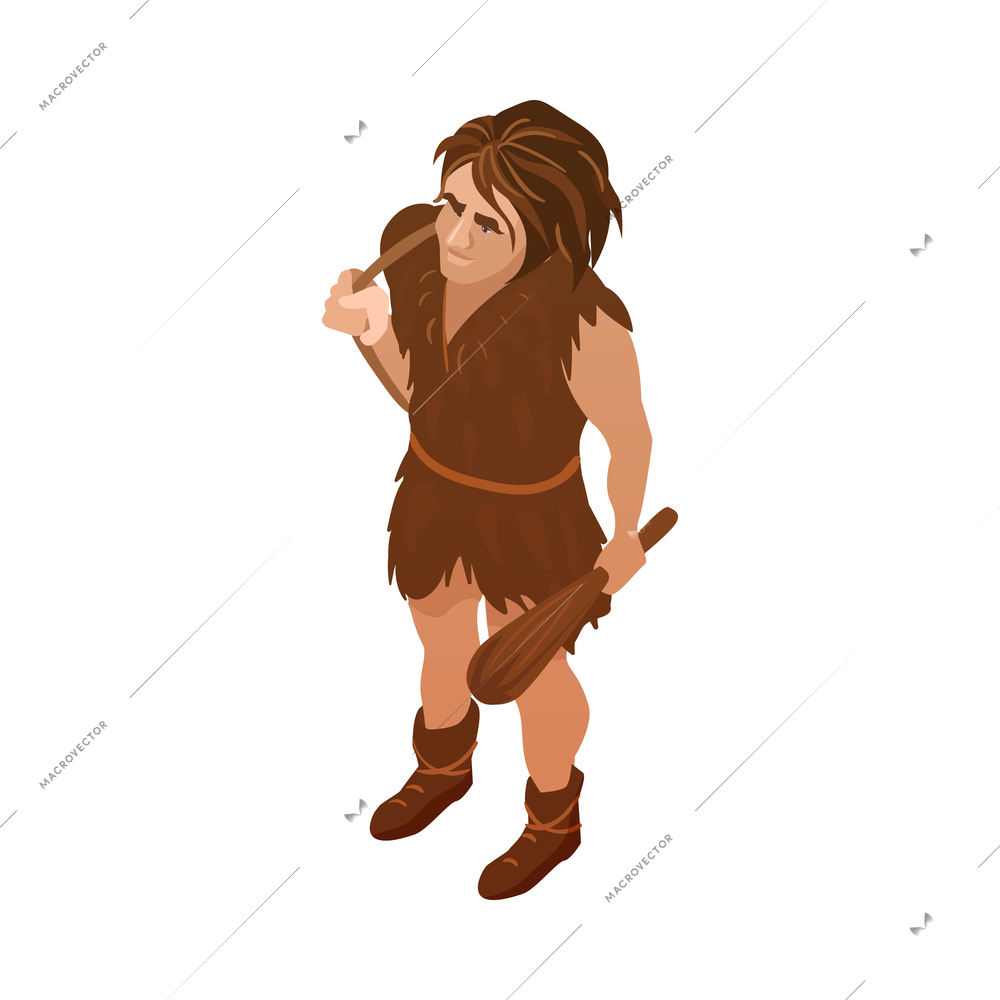 Isometric primitive people composition with isolated prehistoric ancient icon on blank background vector illustration