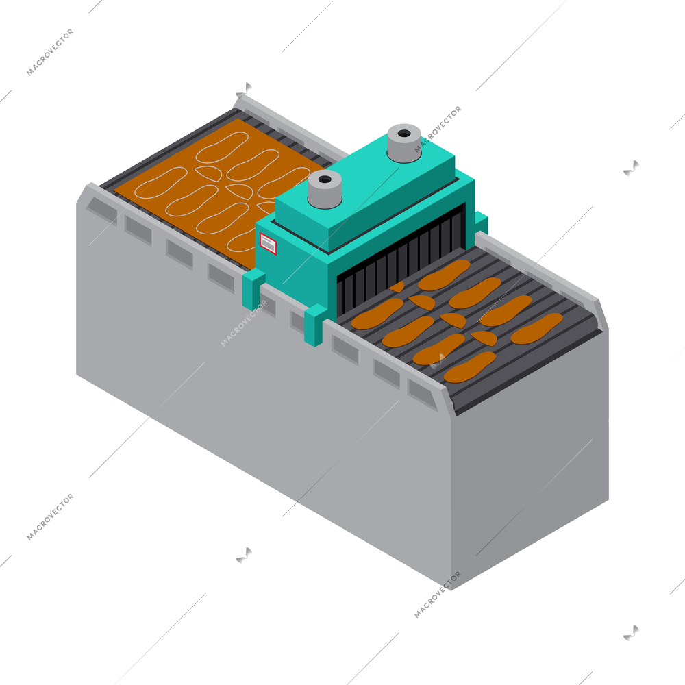 Footwear factory shoes production isometric composition with isolated bootmaking image on blank background vector illustration