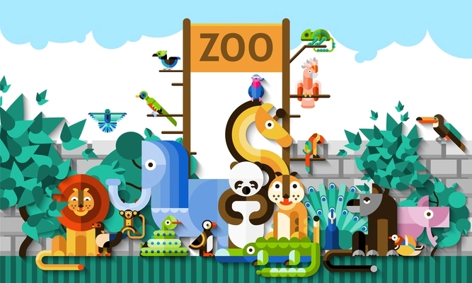 Zoo background with colorful paper african jungle animals and birds vector illustration