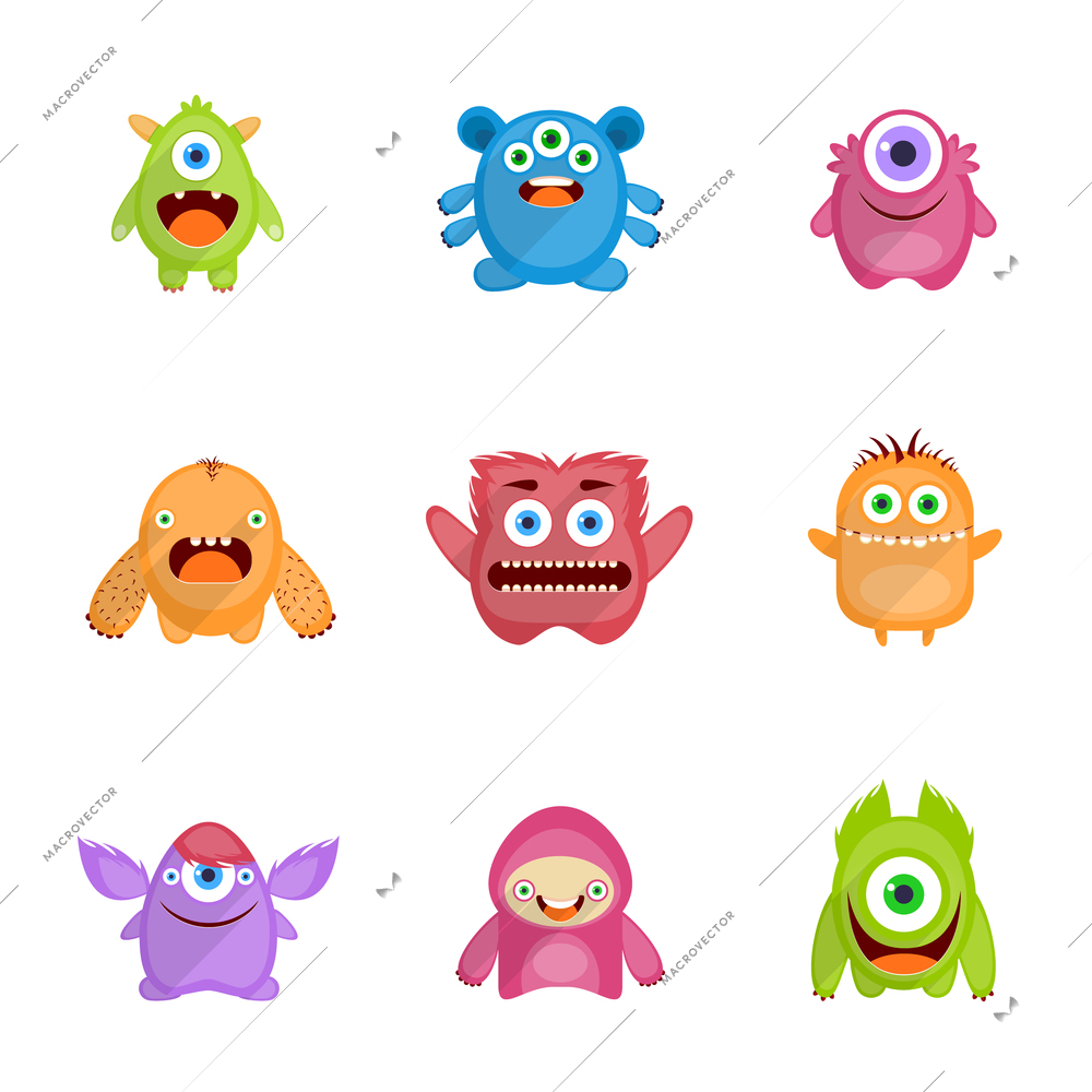 Monsters characters set flat with fun cheerful furious scary angry creatures isolated vector illustration