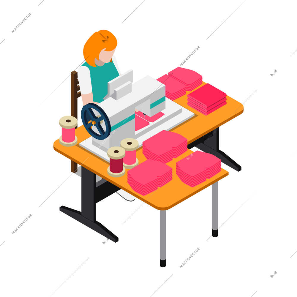 Clothes factory sewing isometric composition with isolated textile making image on blank background vector illustration