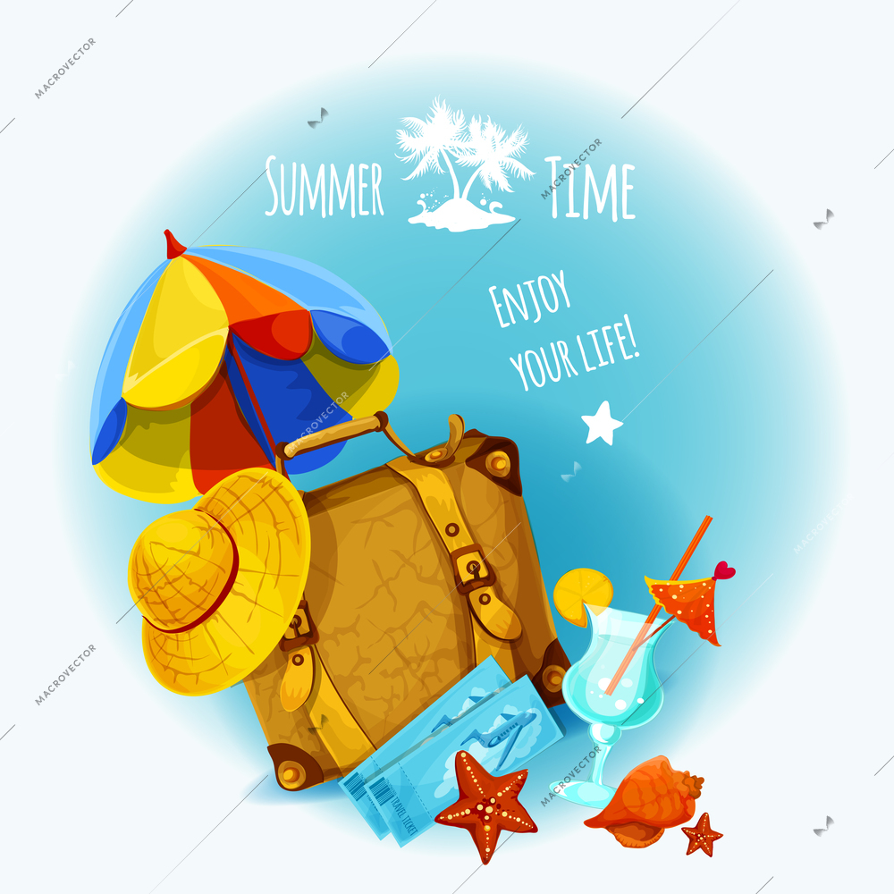 Summer vacation background with travel suitcase umbrella and hat vector illustration