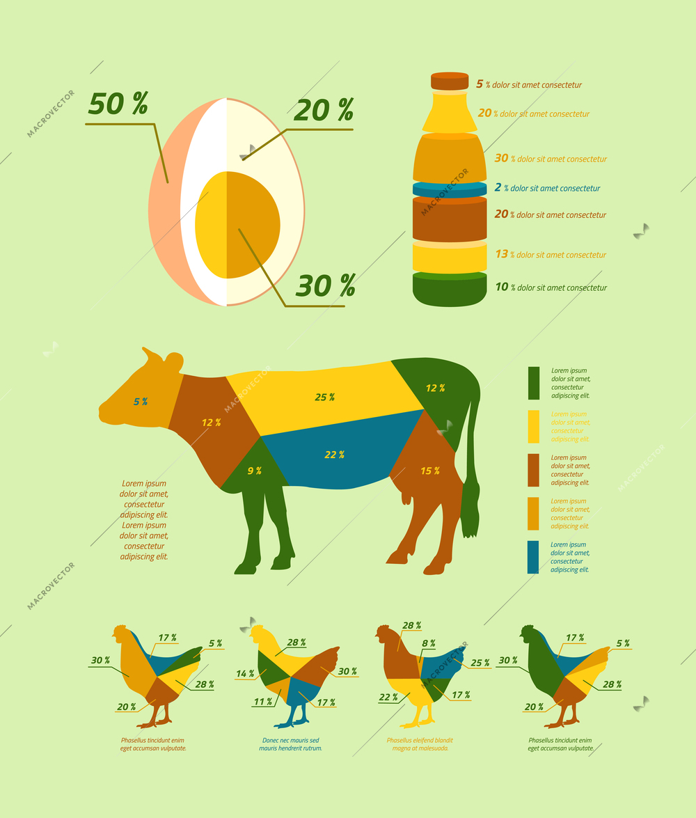 Natural farming infographics flat design elements of livestock and chickens vector illustration