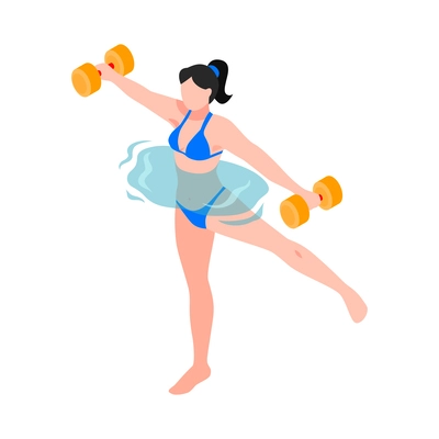 Isometric aqua aerobics composition with faceless human character water spot and sport equiment vector illustration