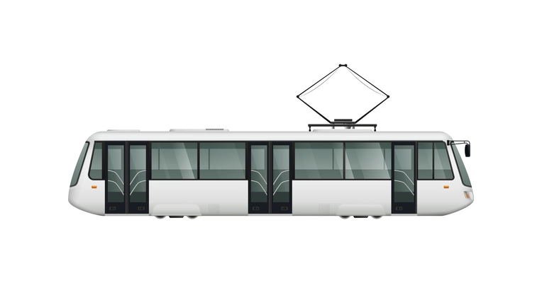 Passenger tram train realistic composition with side view of modern tram carriage on blank background vector illustration