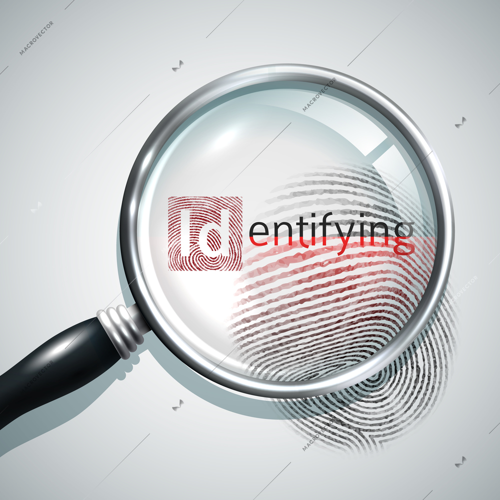 Fingerprint search concept with realistic magnifier glass person identifying concept vector illustration