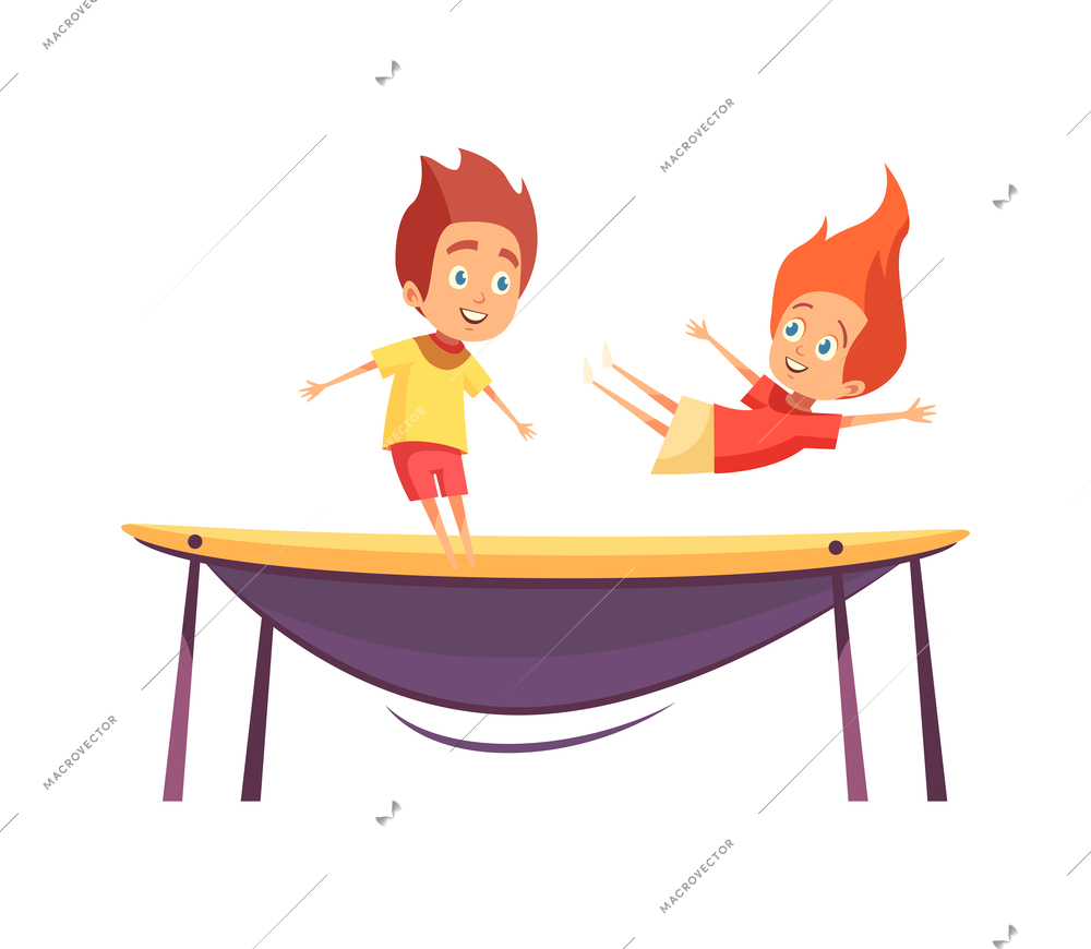 Jumping trampolines composition with isolated doodle human character trampolining on rubber vector illustration