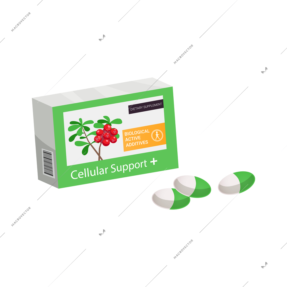 Biological active additives composition with isolated image of medical supplies on blank background vector illustration