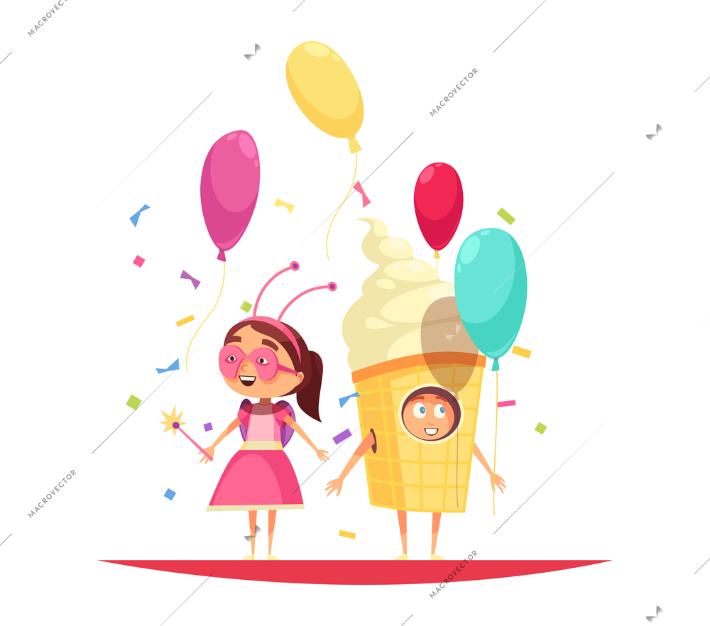 Carnival party composition with view of doodle style characters wearing festive suits vector illustration