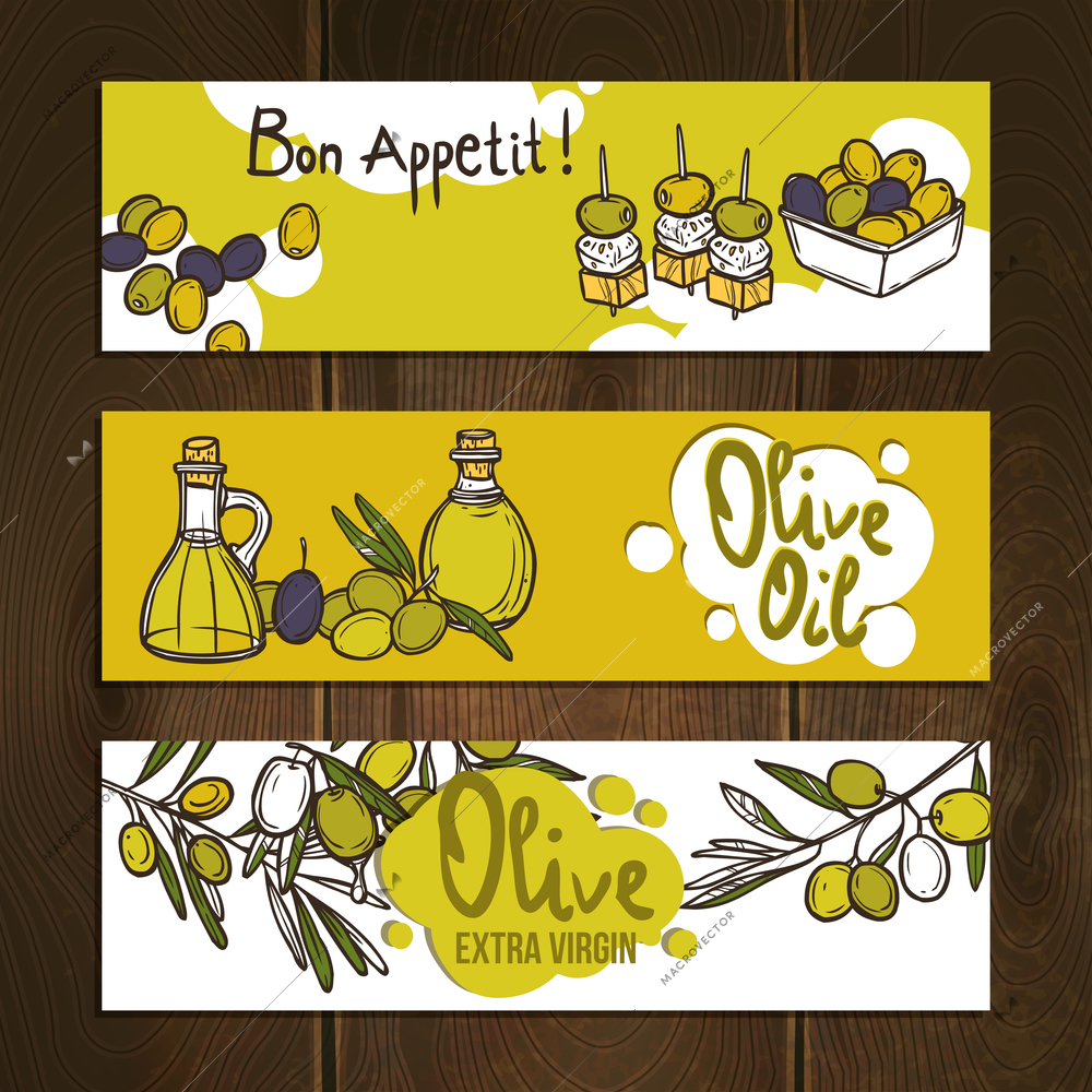 Olive vegetable and oil hand drawn horizontal banners set isolated vector illustration