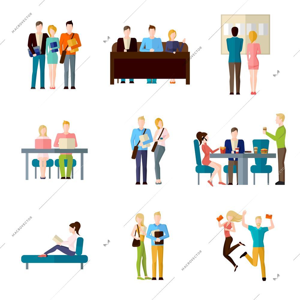 Student life set with classroom learning coffee break homework writing isolated vector illustration