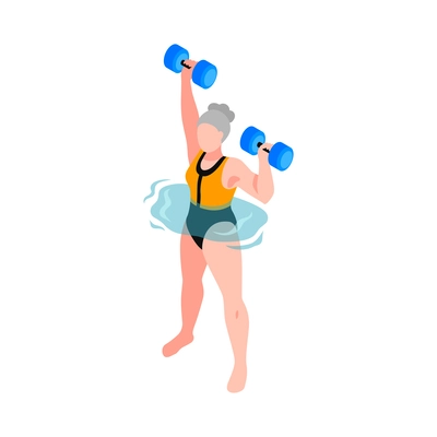 Isometric aqua aerobics composition with faceless human character water spot and sport equiment vector illustration