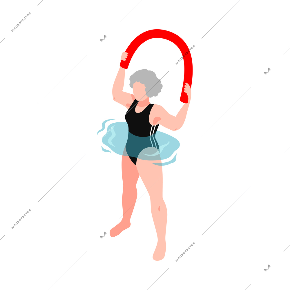 Isometric aqua aerobics composition with faceless human character water spot and sport equiment vector illustration