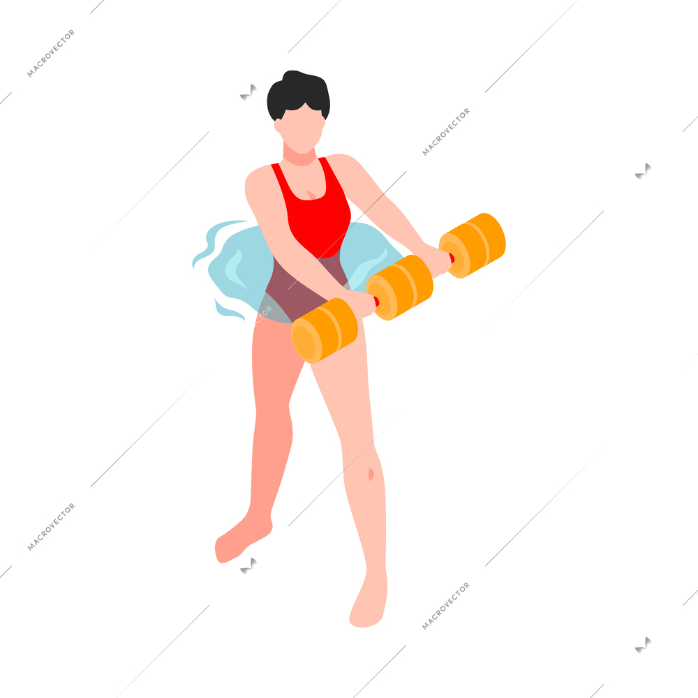 Isometric aqua aerobics composition with faceless human character water spot and sport equiment vector illustration