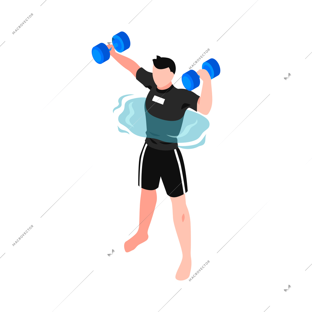 Isometric aqua aerobics composition with faceless human character water spot and sport equiment vector illustration