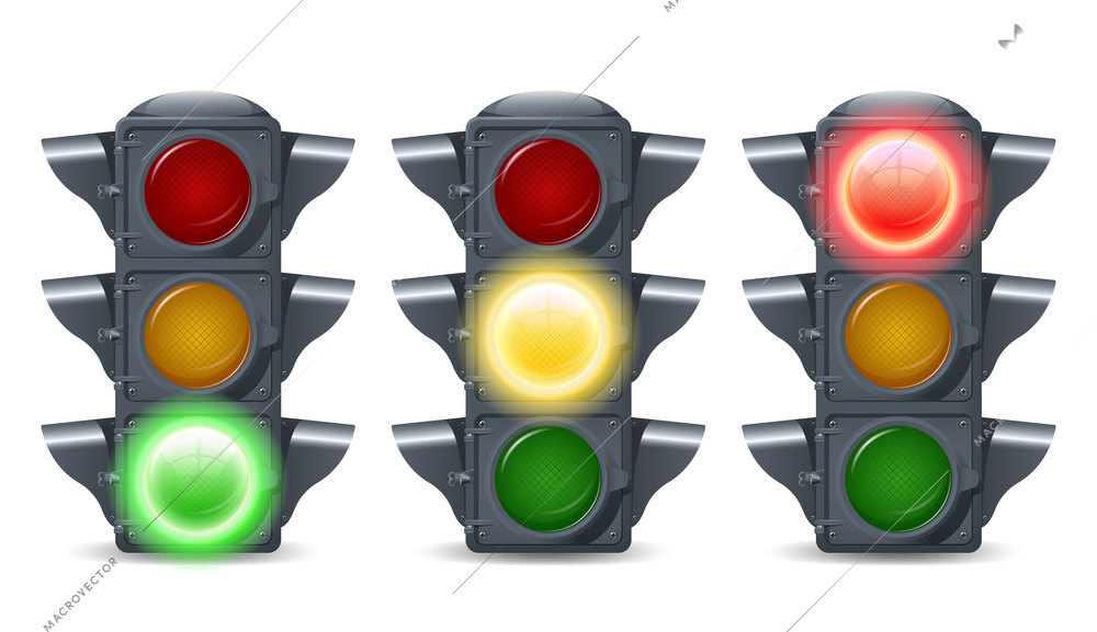 Traffic lights illuminated realistic decorative icons set isolated vector illustration