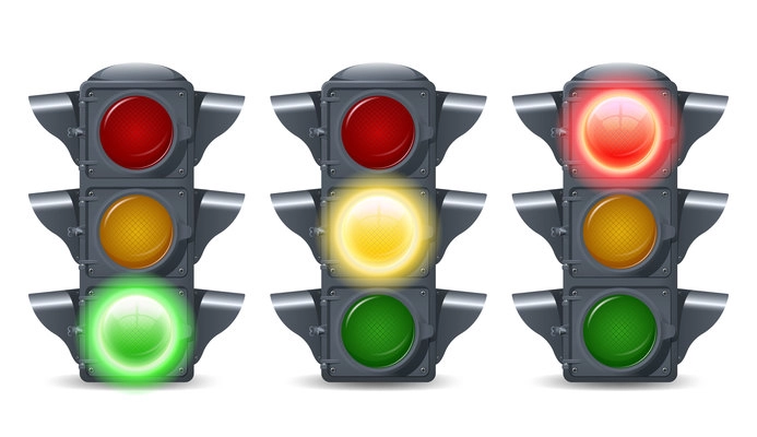 Traffic lights illuminated realistic decorative icons set isolated vector illustration