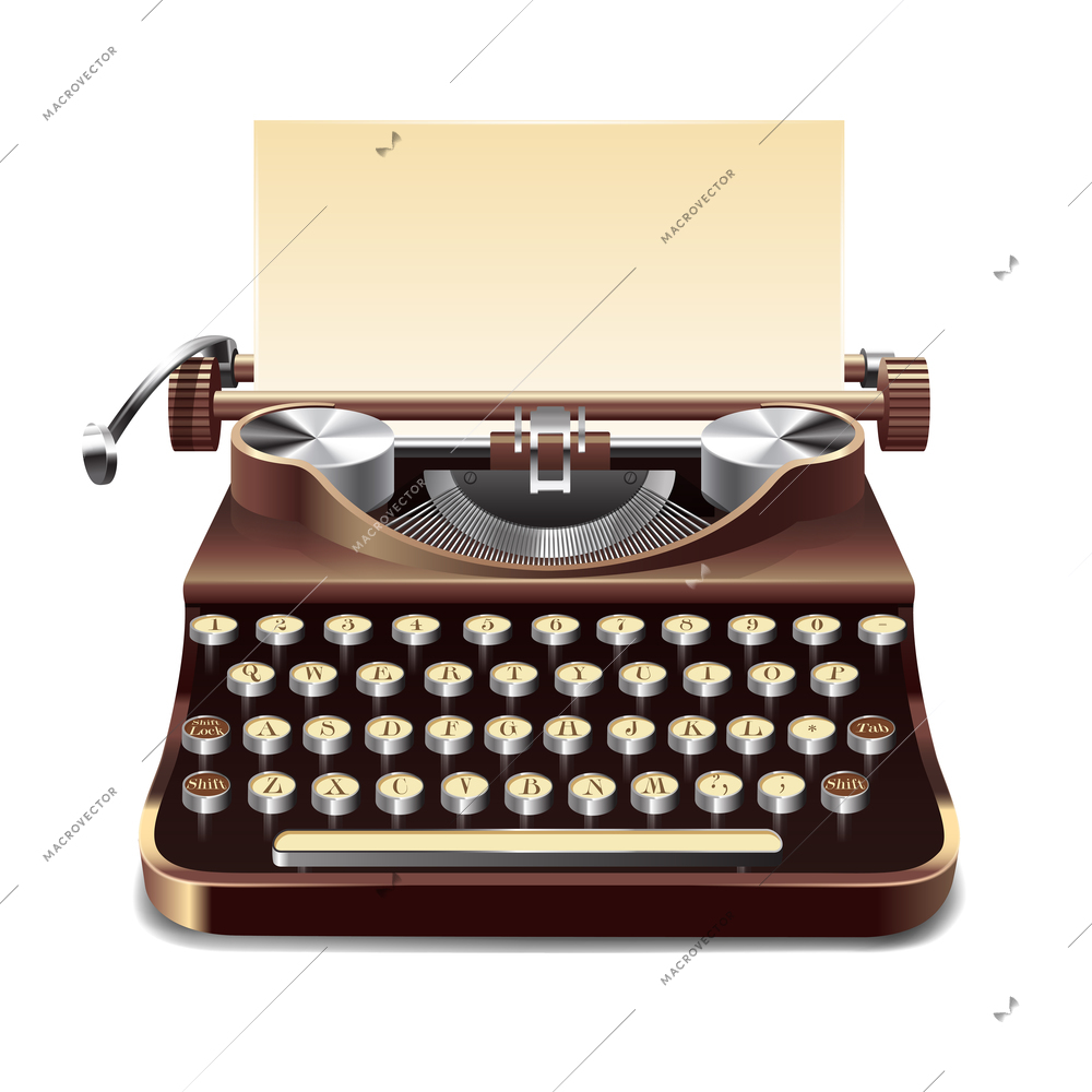 Realistic old style typewriter with paper sheet isolated on white background vector illustration