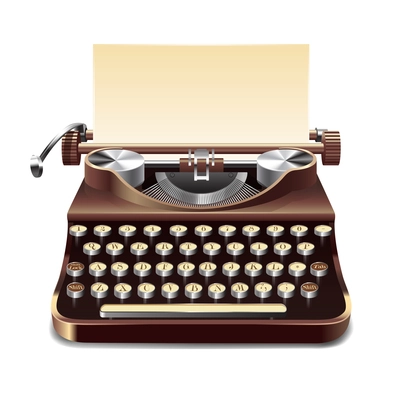 Realistic old style typewriter with paper sheet isolated on white background vector illustration