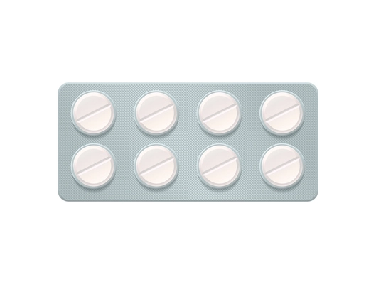 Medicine pills blister realistic composition with isolated top view image of silver blister with medical drugs vector illustration