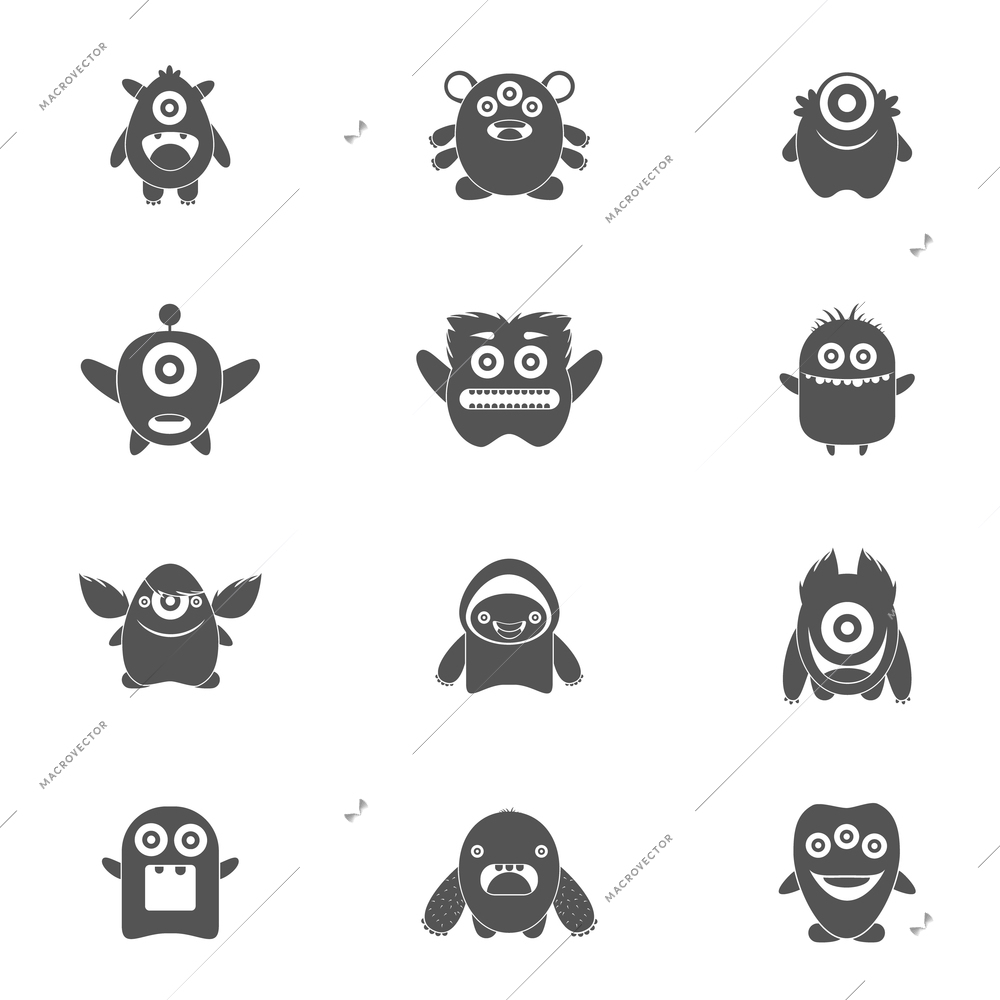 Monster characters group of mutant emoticons black icons set isolated vector illustration