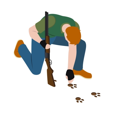 Hunting composition with isometric icons and human character of male hunter on blank background vector illustration