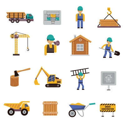 Construction icon flat set with engineer builder crane bulldozer isolated vector illustration