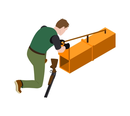 Hunting composition with isometric icons and human character of male hunter on blank background vector illustration