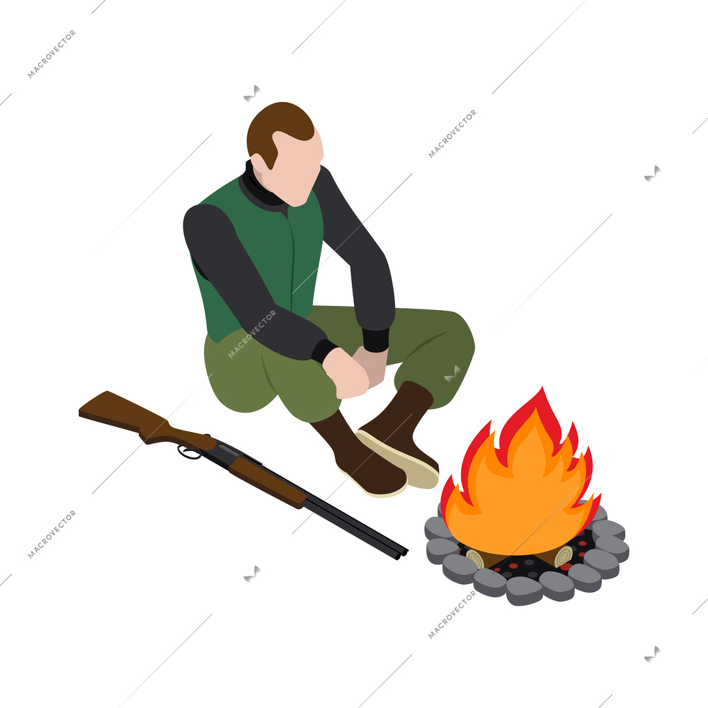 Hunting composition with isometric icons and human character of male hunter on blank background vector illustration