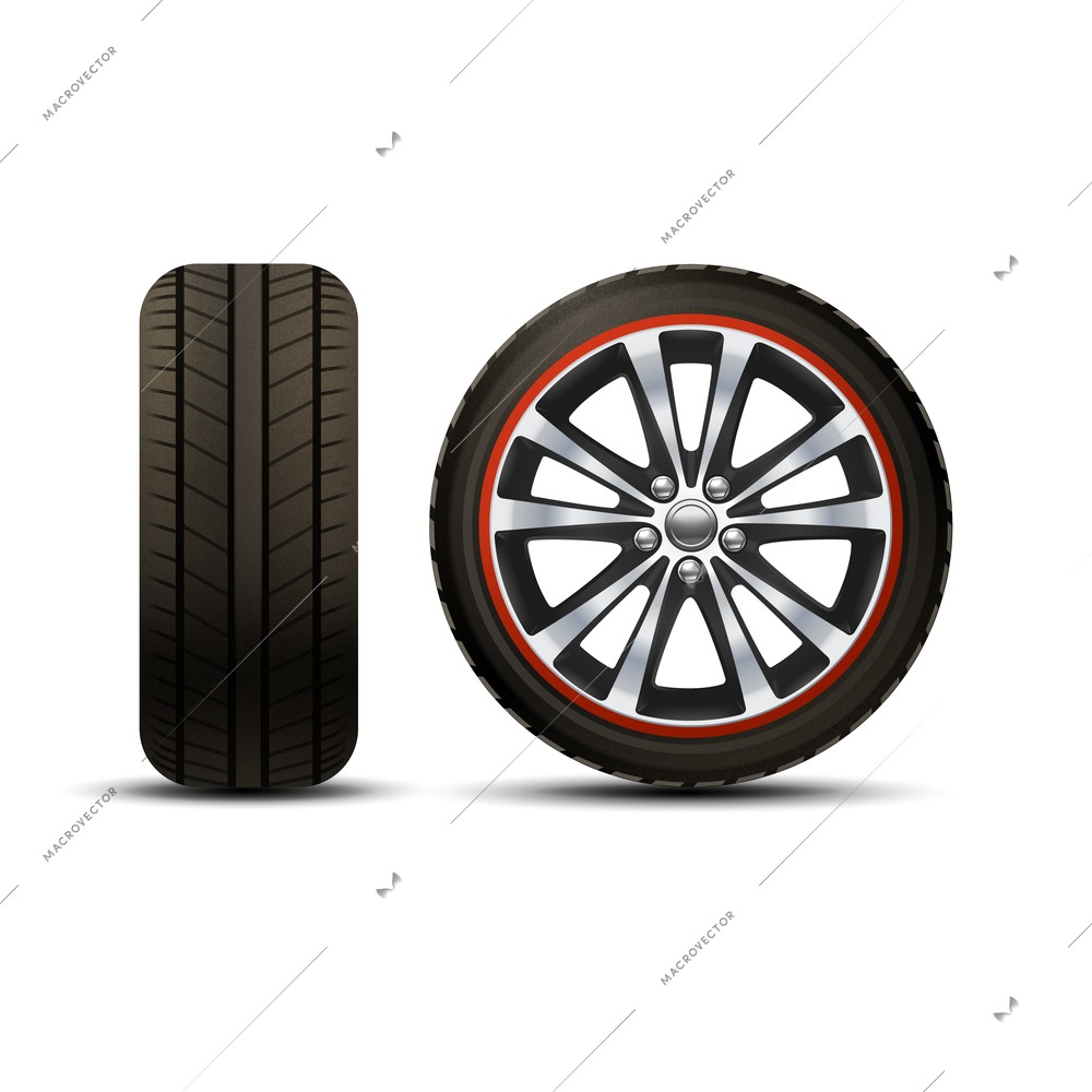 Realistic shining disk car wheel tyre set isolated vector illustration