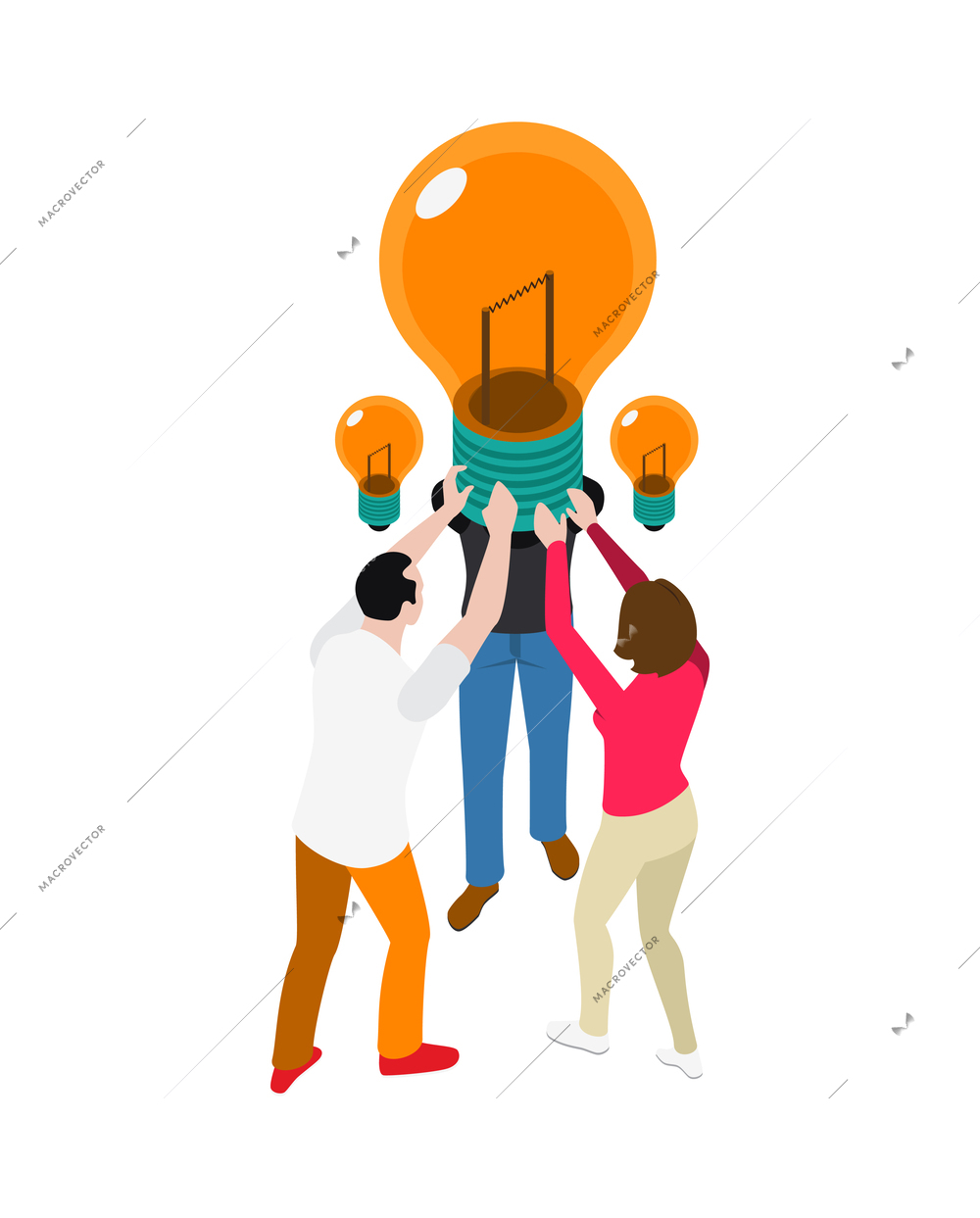 Teamwork collaboration isometric people composition with mutual work ideas and creativity symbols vector illustration