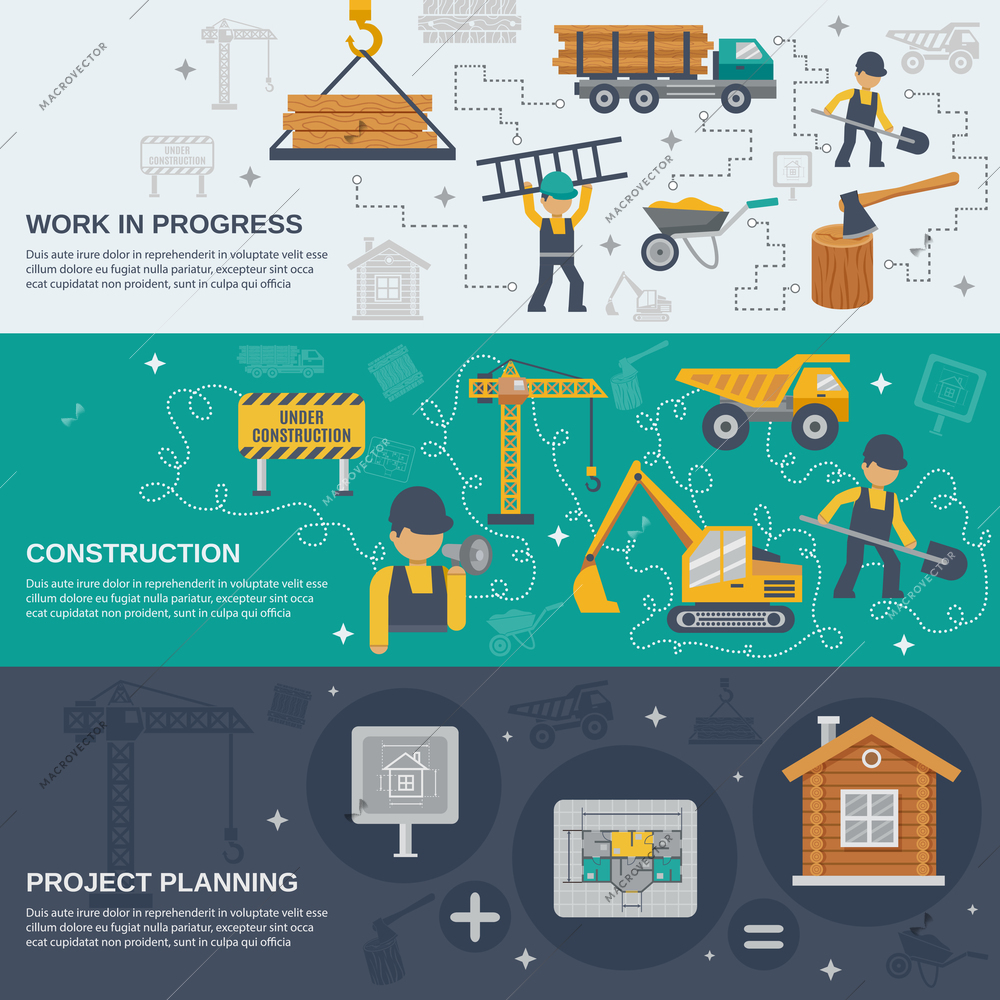 Construction horizontal banner set with work in progress project planning flat elements isolated vector illustration