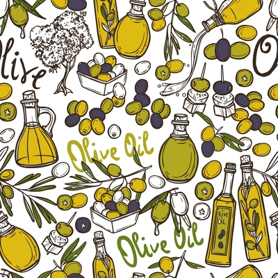 Olive seamless pattern with oil bottles organic food and plant branches vector illustration