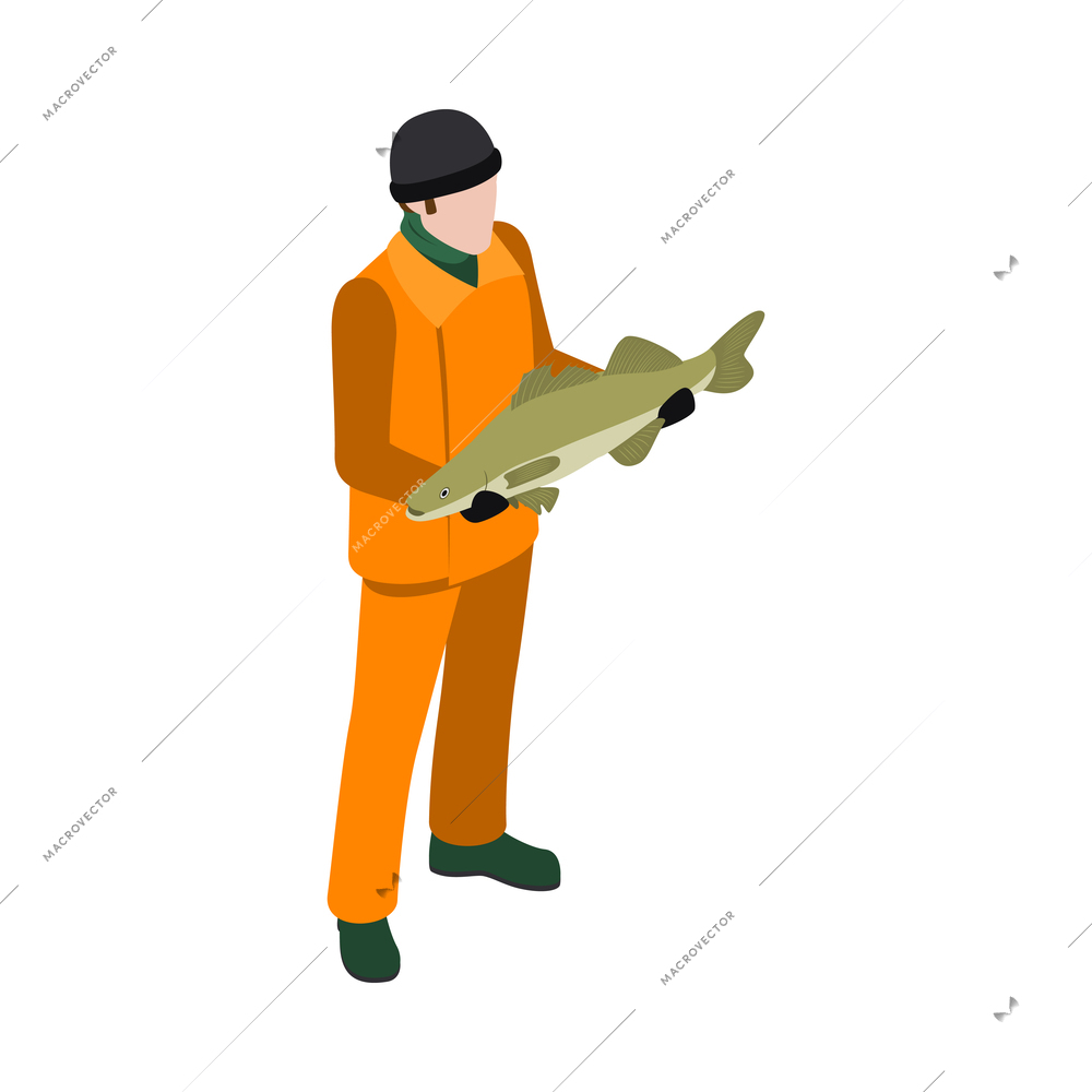 Fishing seafood isometric composition of isolated fishery icons on blank background vector illustration