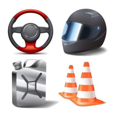 Car auto sport racing realistic icons set with steering wheel helmet gasoline can and cones isolated vector illustration