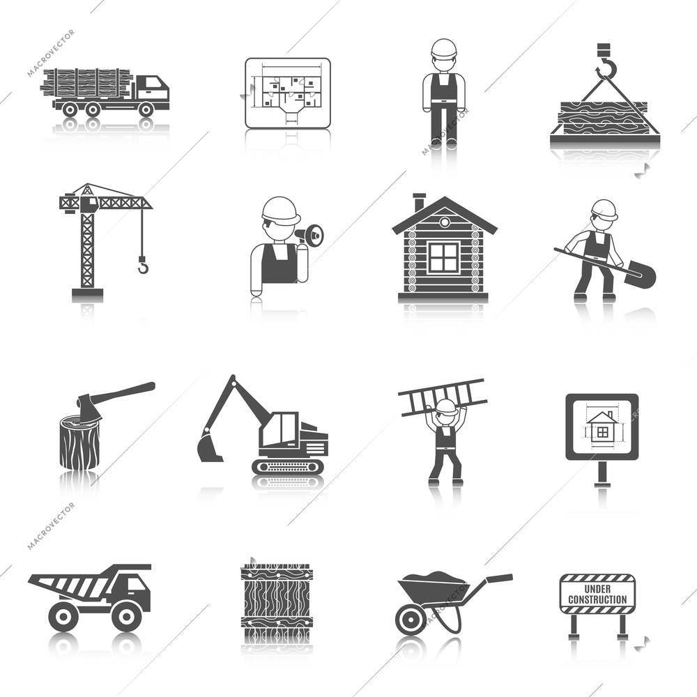 Construction and wood works icons black set with wooden house fence truck isolated vector illustration