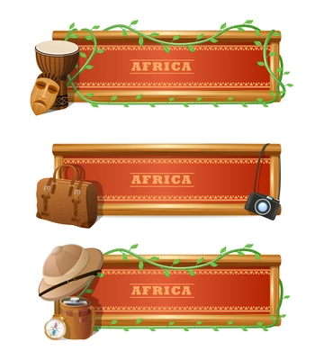 African travel horizontal banner set with expedition and adventure elements isolated vector illustration