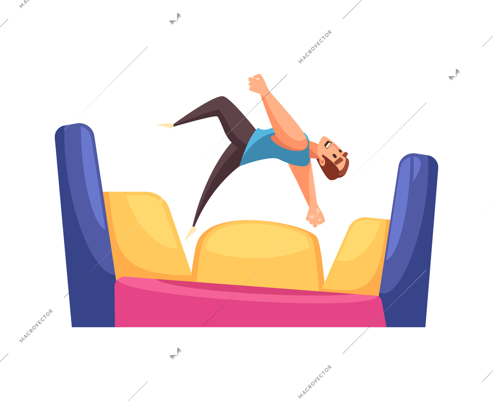 Jumping trampolines composition with isolated doodle human character trampolining on rubber vector illustration