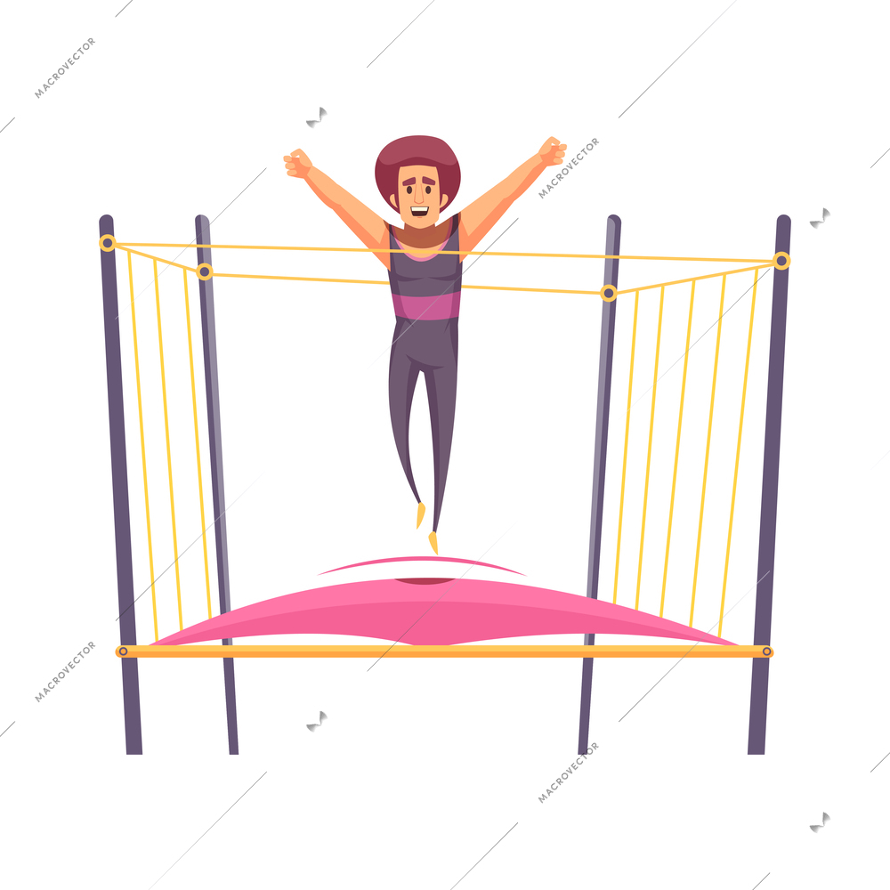 Jumping trampolines composition with isolated doodle human character trampolining on rubber vector illustration