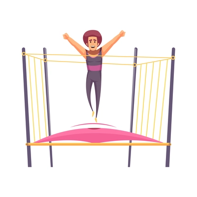 Jumping trampolines composition with isolated doodle human character trampolining on rubber vector illustration