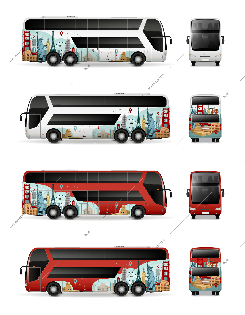 Bus realistic set with transportation symbols isolated vector illustration