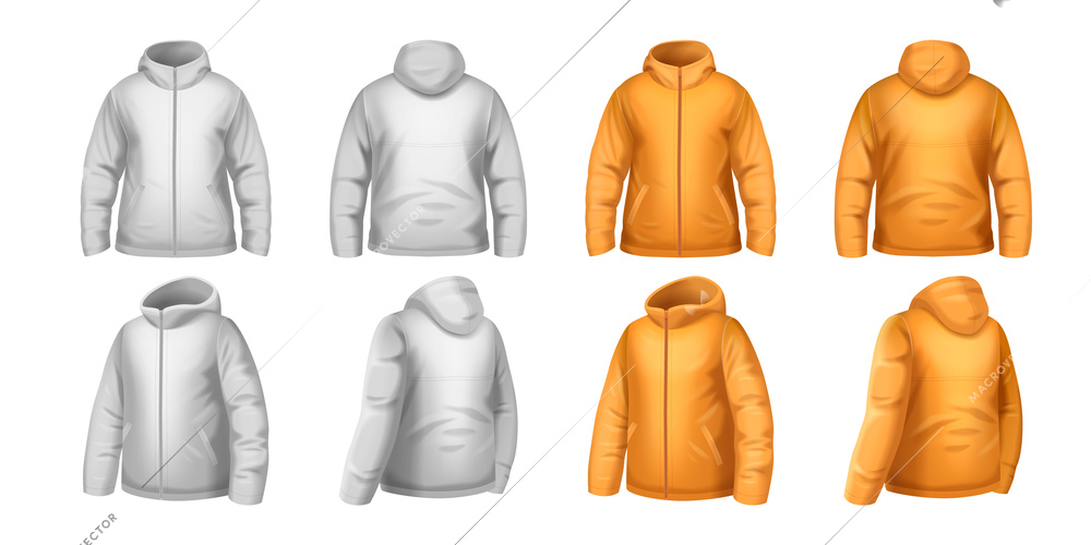 Realistic set of color winter jacket mockup front and back views isolated vector illustration