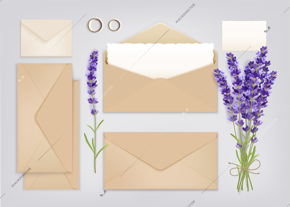 Some envelopes for wedding invitation decorated with engagement rings and sprigs of lavender realistic composition vector illustration