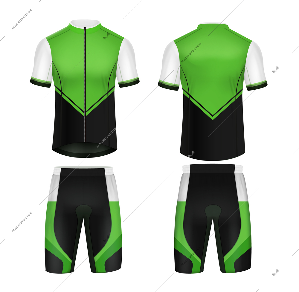 Front and rear view of cycling jersey mockup in green and black colors isolated on white background  realistic vector illustration