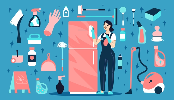 Cleaning service big set of isolated icons with detergents mops brooms and female character of worker vector illustration
