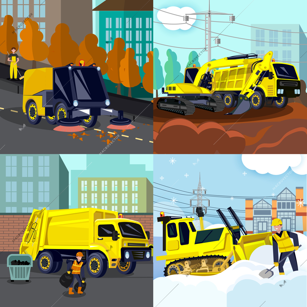 Municipal service road cleaning transport flat set of four square compositions with urban landscapes and vehicles vector illustration